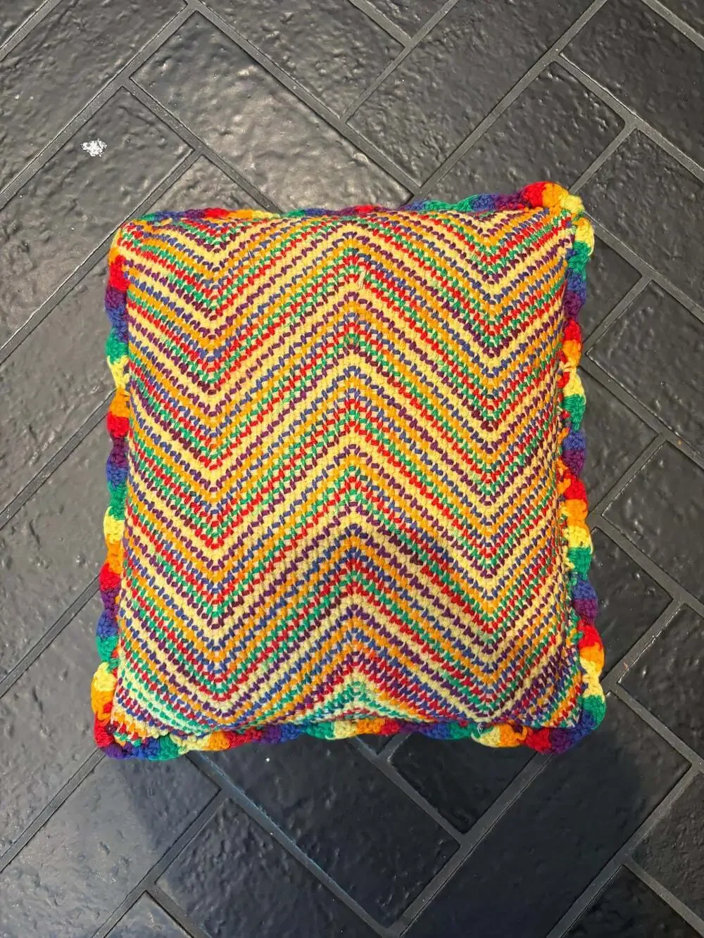 Vintage Handmade Rainbow Crochet Chevron Throw Pillow Boho Granny Cottagecore